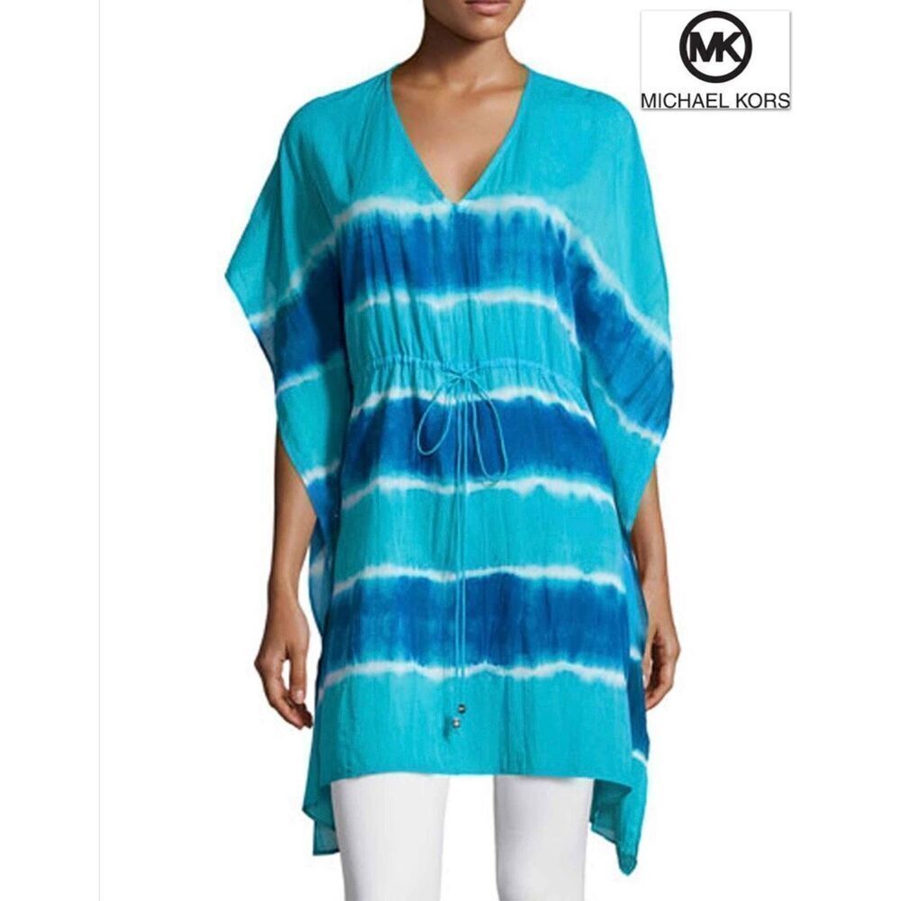NWT Gorgeous Michael Kors M Blue Tie-Dye Kimono Sleeve Swim Cover-Up Tunic Top